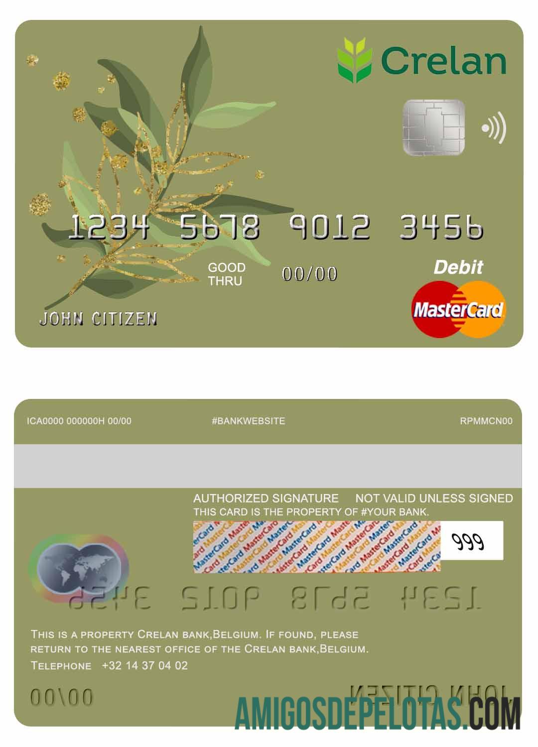 Cartão de débito Bélgica Crelan Bank Mastercard modelo